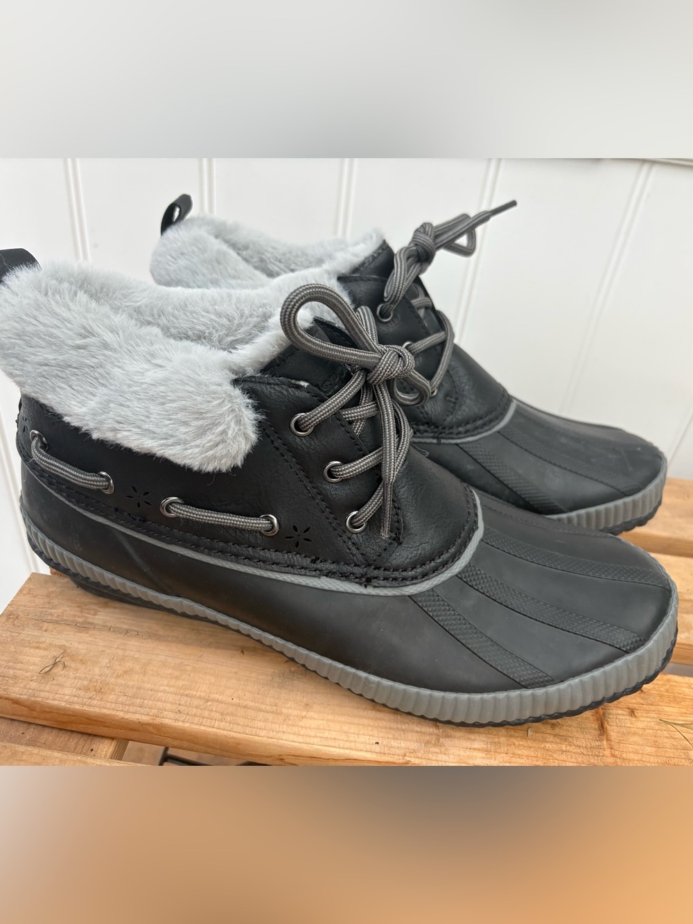 JSport by Jambu Black Winter Duck Boots with Gray Faux-Fur Collar